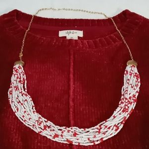 Long Red/White Beaded Necklace